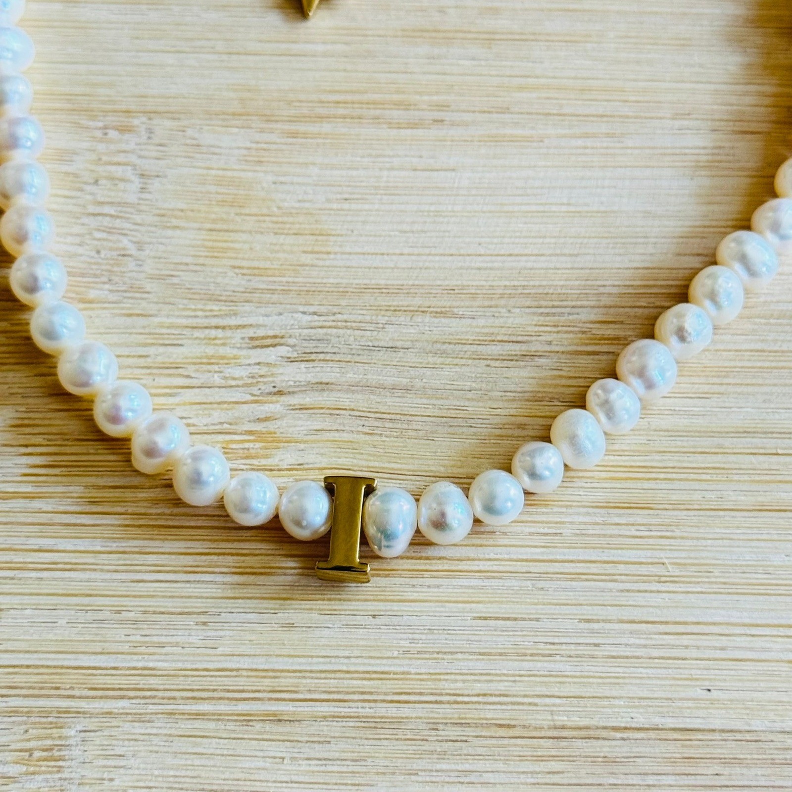 Dalmata Initial letter “i” Pearl Necklace Stainless Steel Pearl Goth Rockabilly