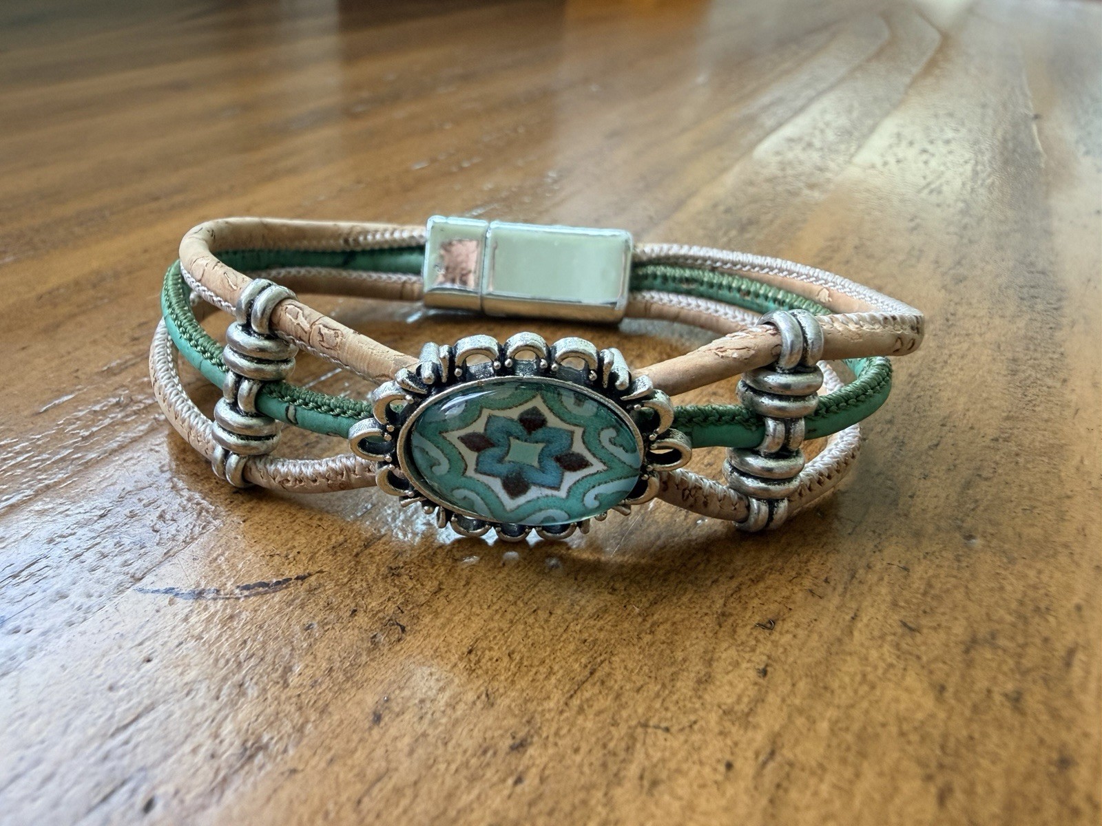 Silver Tone Bead Tan And Leather Magnetic Bracelet Made In Europe