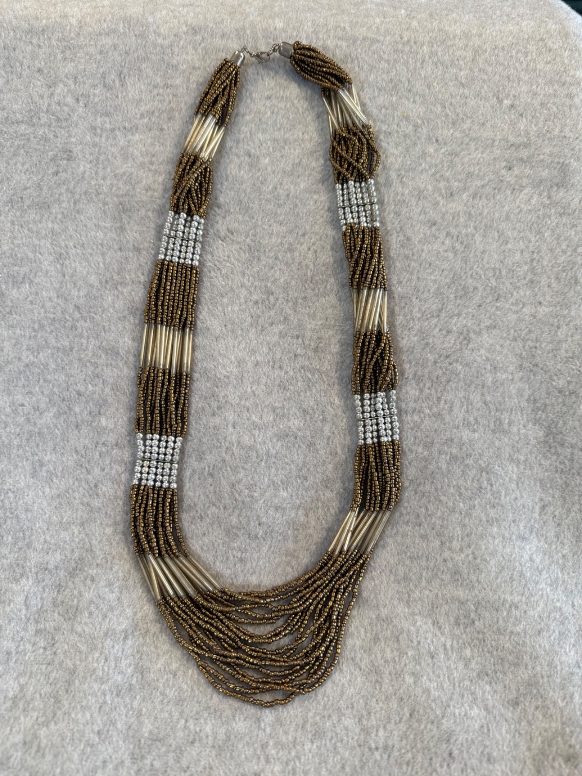 Bronze and Silver Tone Glass Bead Multi Layer Bold Statement Necklace 28”
