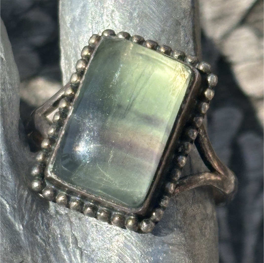 Handmade sterling silver bezel set rectangular fluorite gemstone ring size 10
