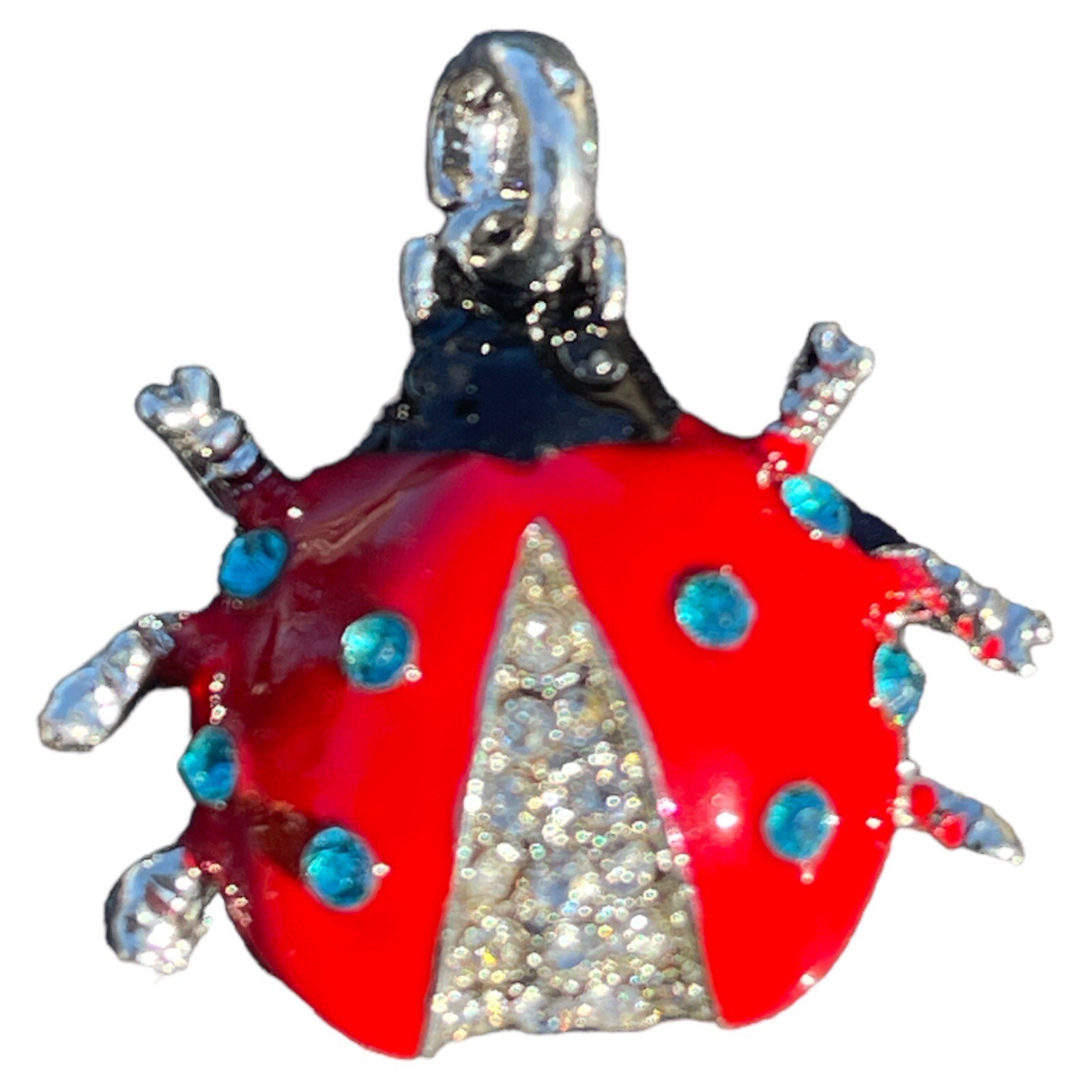 Lady Bug Pendant Red Black Laquer & Faceted Crystal Silver 1 1/2”x 1 3/8” w/Bail