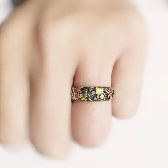 Dragonfly Flowers Stainless Ring Band Floral Nature Jewelry 3-Tone