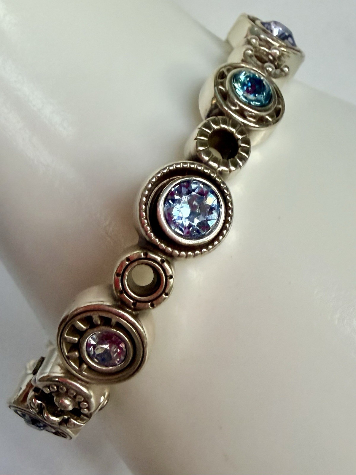 Brighton Halo Burst Hinged Bangle Bracelet Silver Plated Blue Purple Stones 2.5″