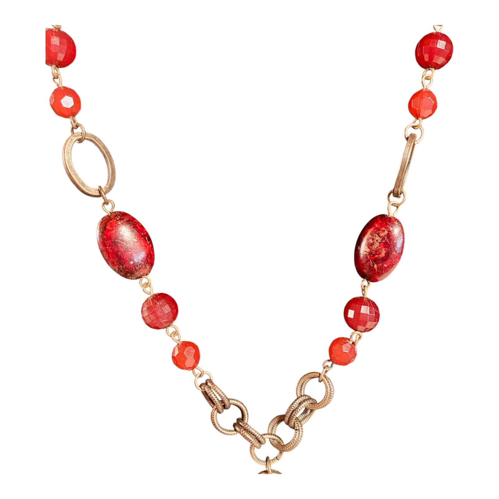 Vintage Signed Red Beaded Necklace 24”-27” Adjustable Brass Boho Romantic Signed