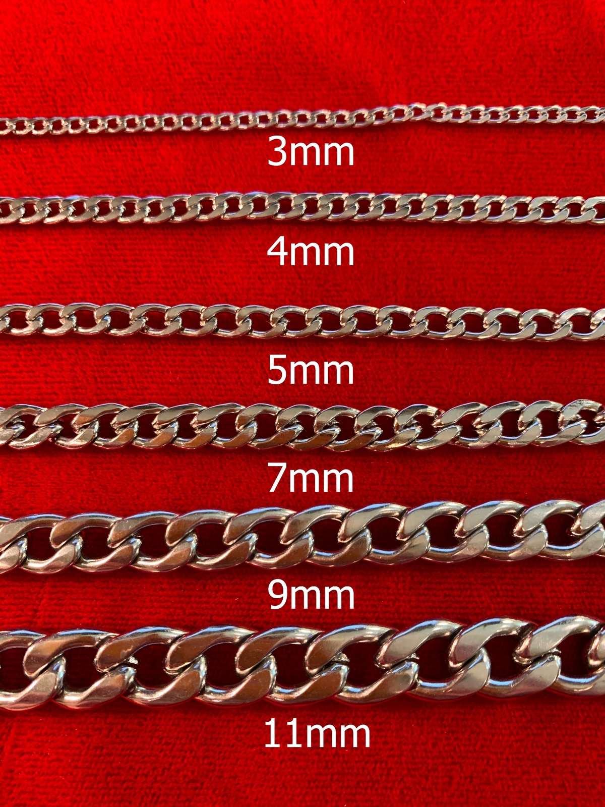 STAINLESS STEEL CUBAN CURB SILVER CHAIN WOMEN MEN 7″-44″, 3/4/5/6/7/9/11mm