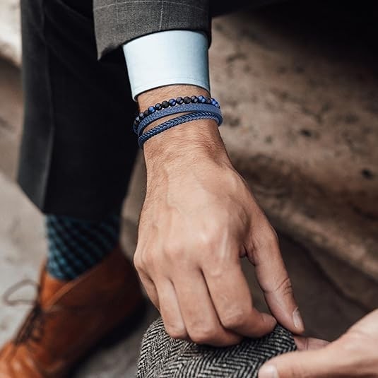 Pulseras de cuentas de cuero para hombre, piedra de lava de ojo de tigre natural