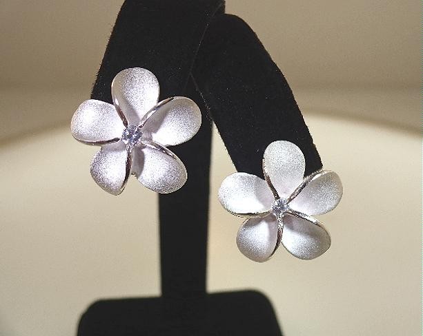 19mm Solid 925 Silver Hawaiian Matted Plumeria Flower White CZ Clip-on Earrings