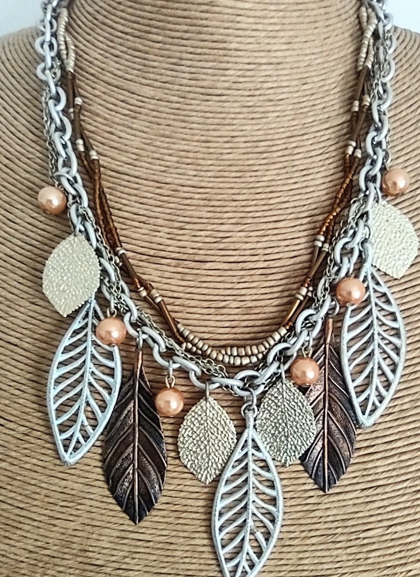 Mixed Metals -Silver, Gold, & Copper Tone – Beaded Layered Leaf Necklace
