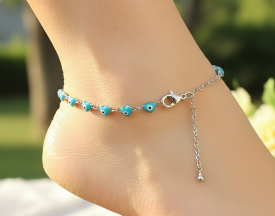 Boho Blue Heart Evil Eye Anklet Elegant 925 Silver Plated Daily Protection Charm