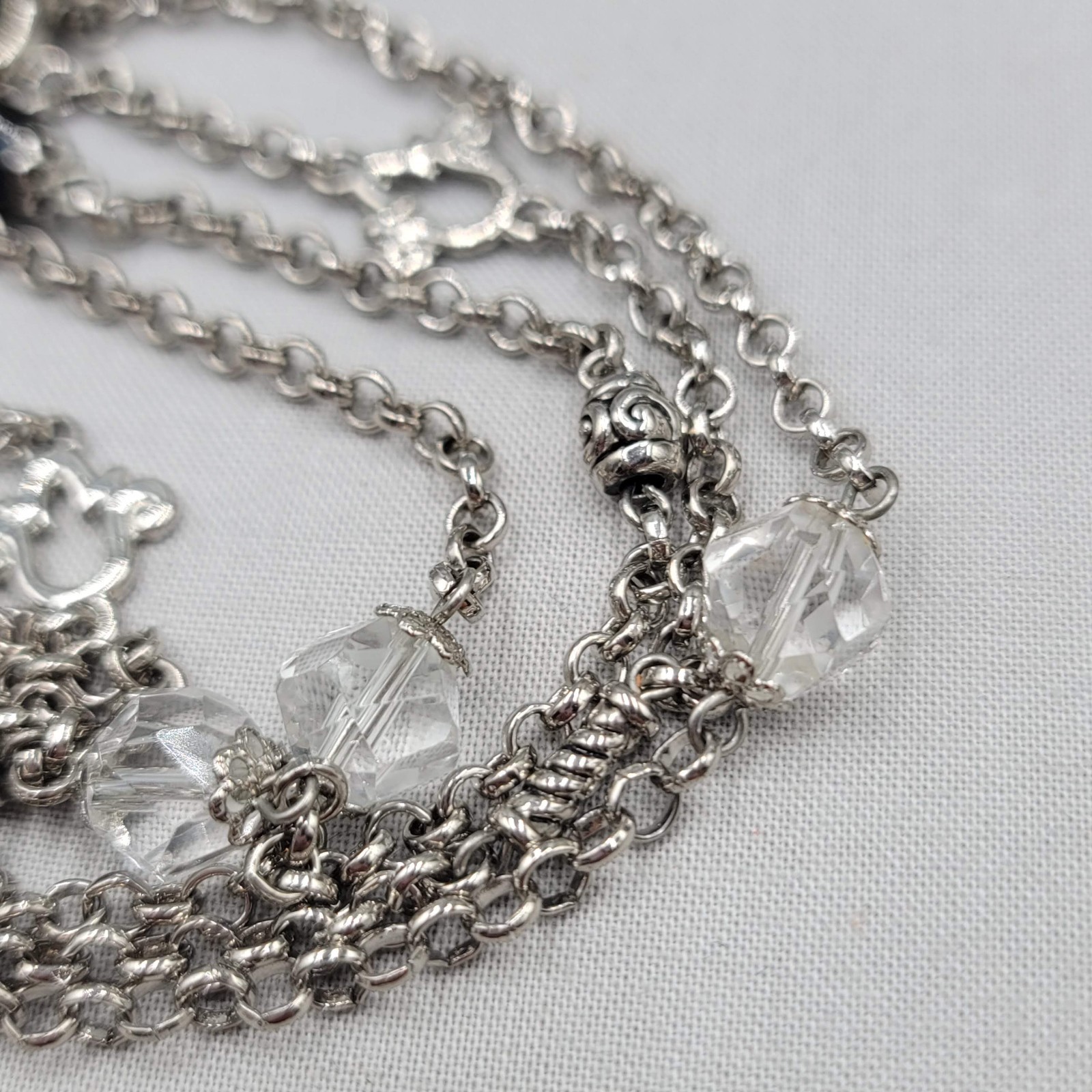 Wood Bead Layered Chain Necklace Silver Plated Filigree 34″ adj