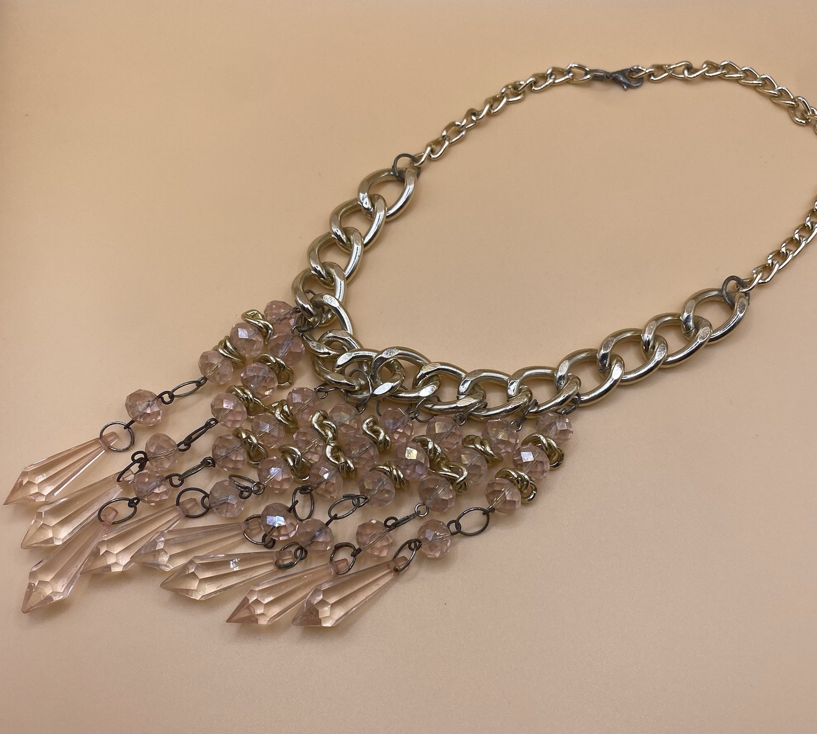 Silver Tone Statement Bib Cable Chain Necklace Purple Faceted Crystal Drops