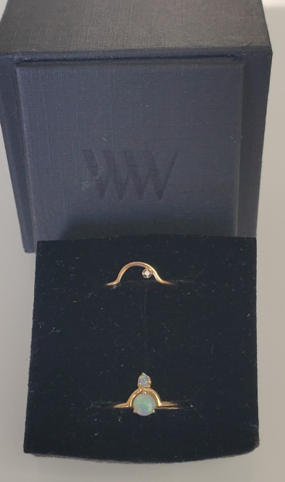 Pair of Wwake Opal Nestled Rings w/ diamond sapphire 14k yellow gold size 5.5
