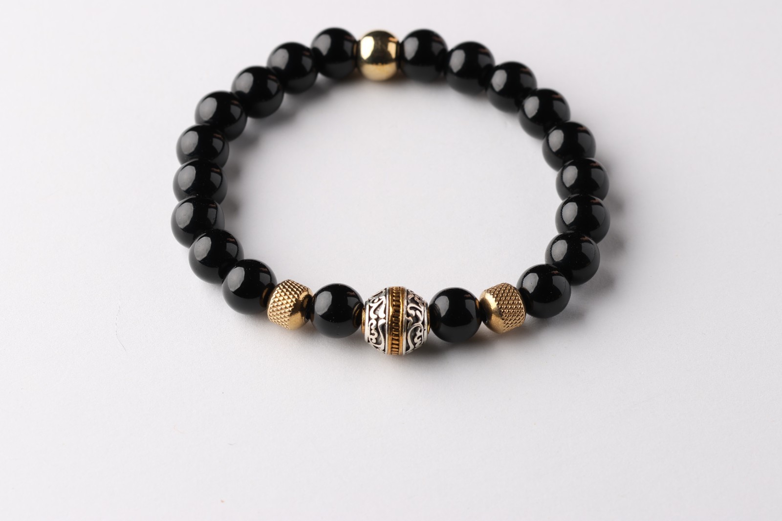 Pulsera de Cuentas de Ónix Negro para Hombre Piedra Natural con Cuentas Doradas
