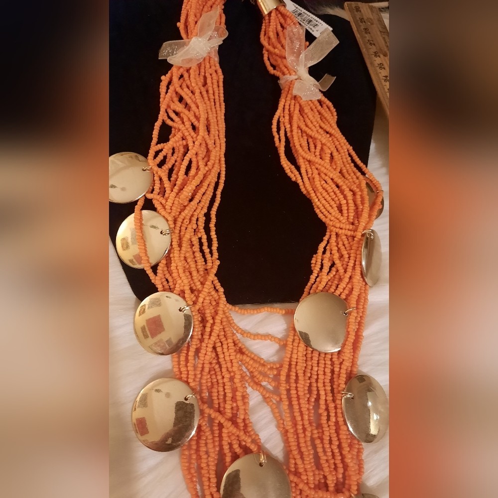 NEW burnt orange multistrand seed bead and goldtone disk necklace