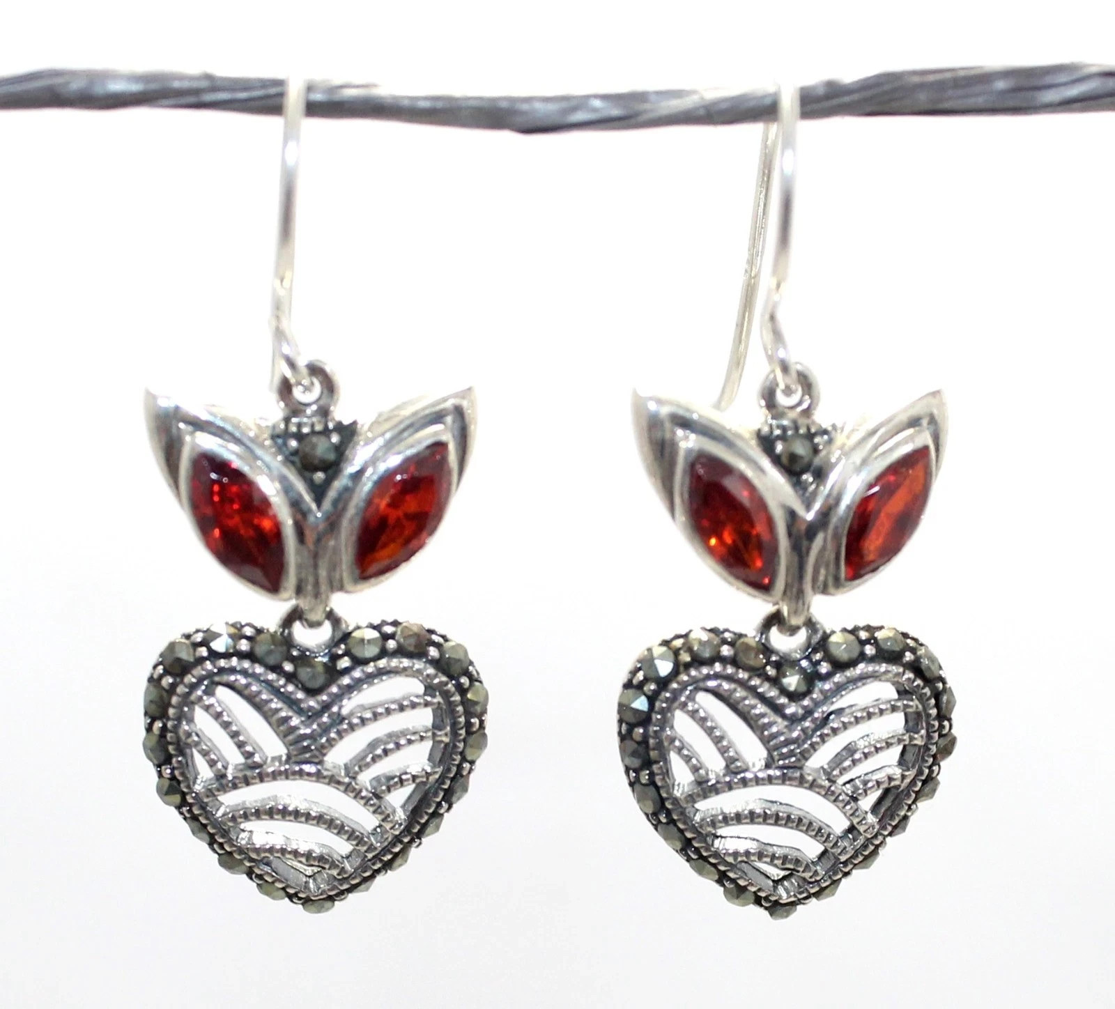 925 Sterling Silver Marcasite &Zircon Stone Handmad Designer Heart Earrings