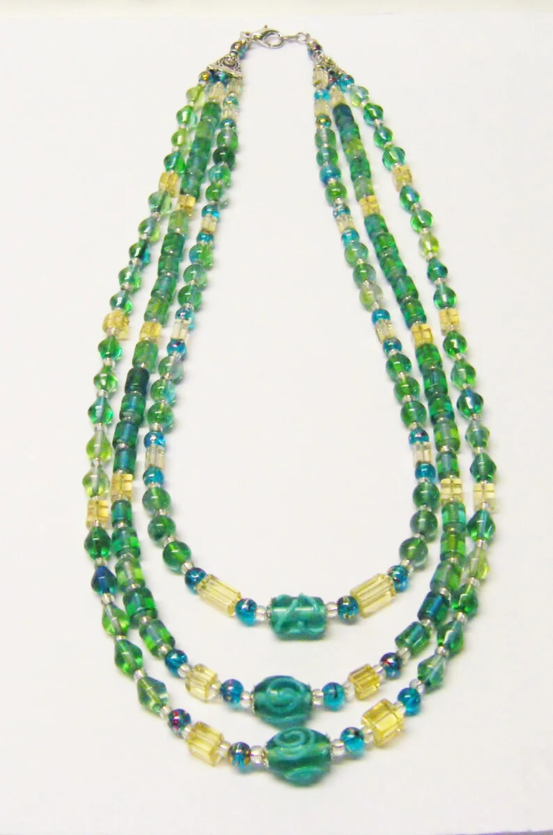 Colorful 3 Strands Green Tone Multi Shapes/Sizes Glass Bead Neck/Brace/Earrings