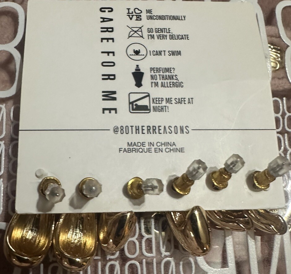 8 Other Reasons Gold Plated Post Back Half Moon ~ 3 Pair Earrings Set ~ New