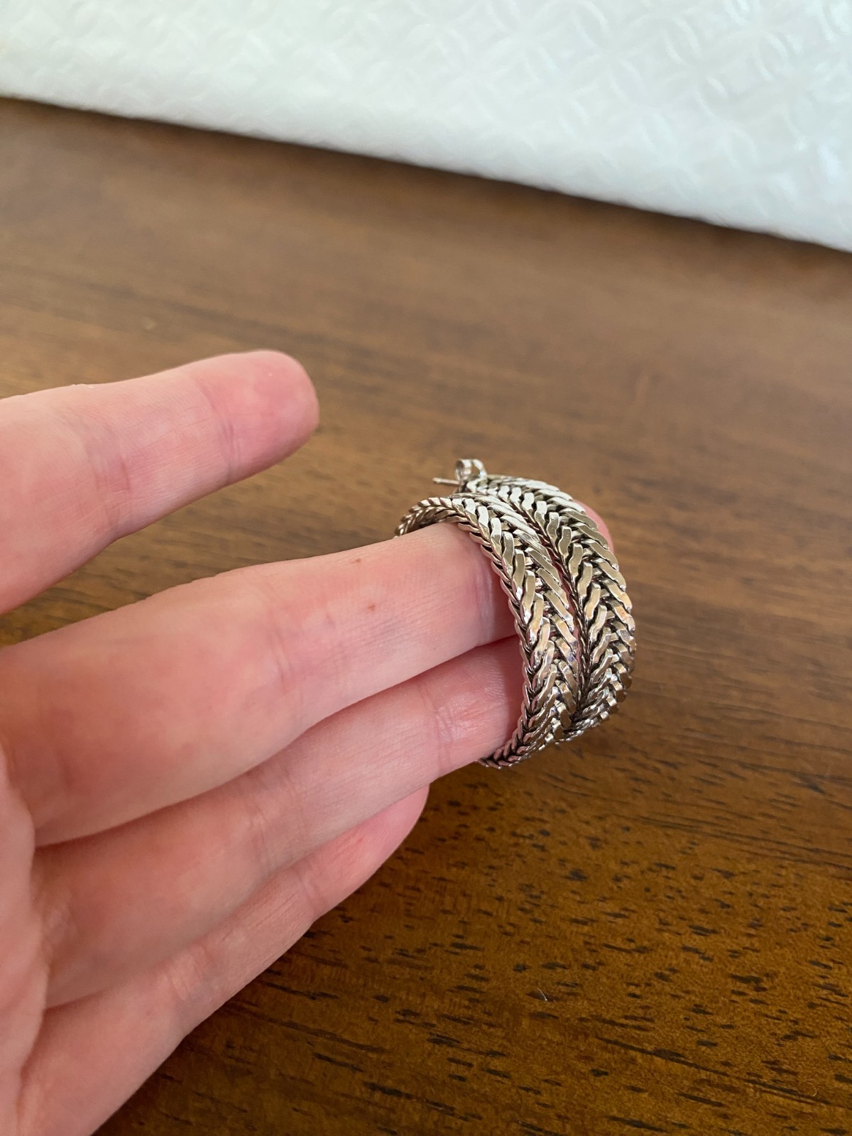 Silver Tone Chain Wrap 1.25″ Hoop Earrings Flexible Pierced