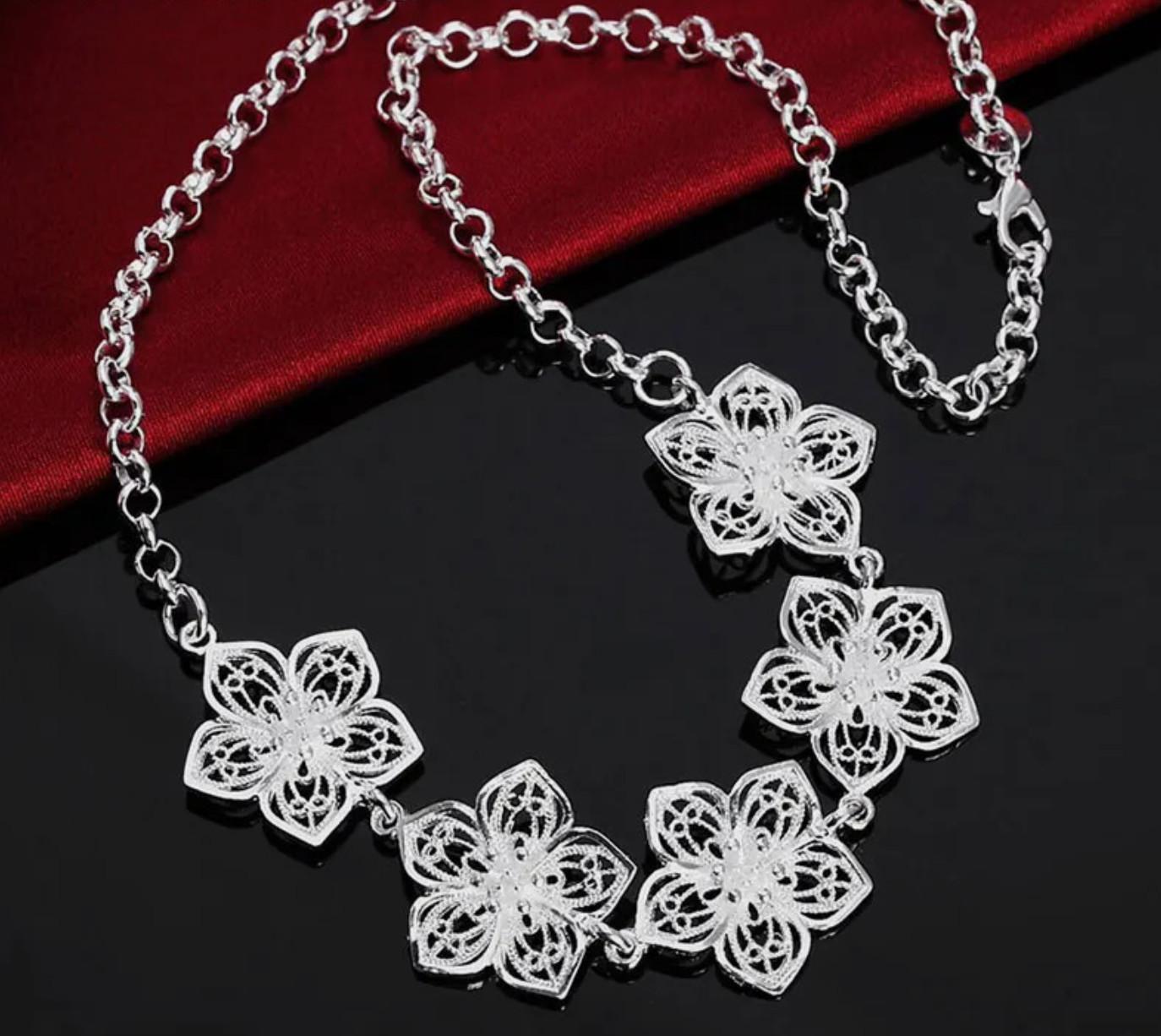 .925 Sterling Silver Necklace 18 in Rolo Link Chain Daisy Filigree Flowers Roses
