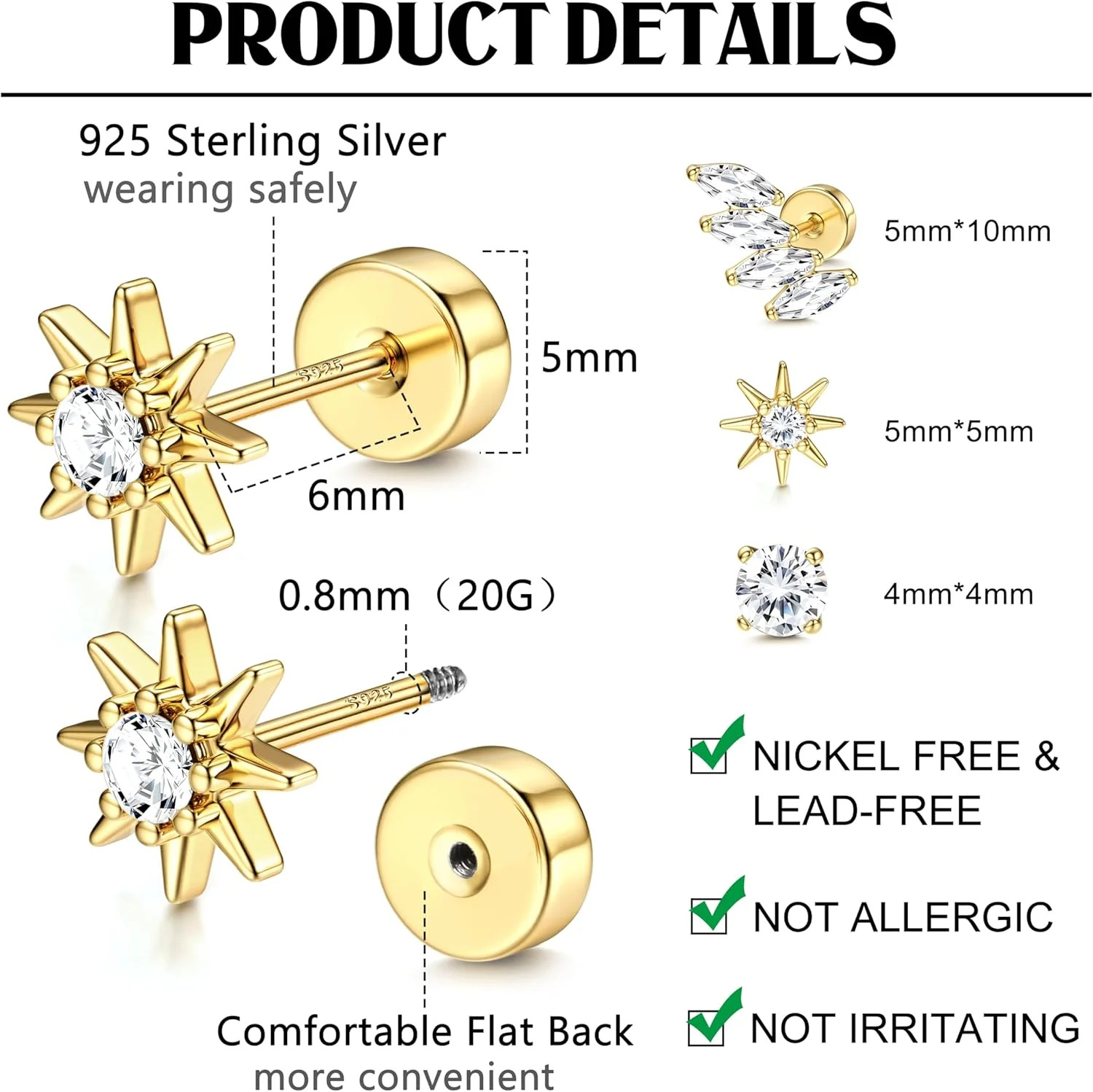 Dochais Flat Back Sterling Silver Earrings 14K Gold Plated Hypoallergenic Stud E