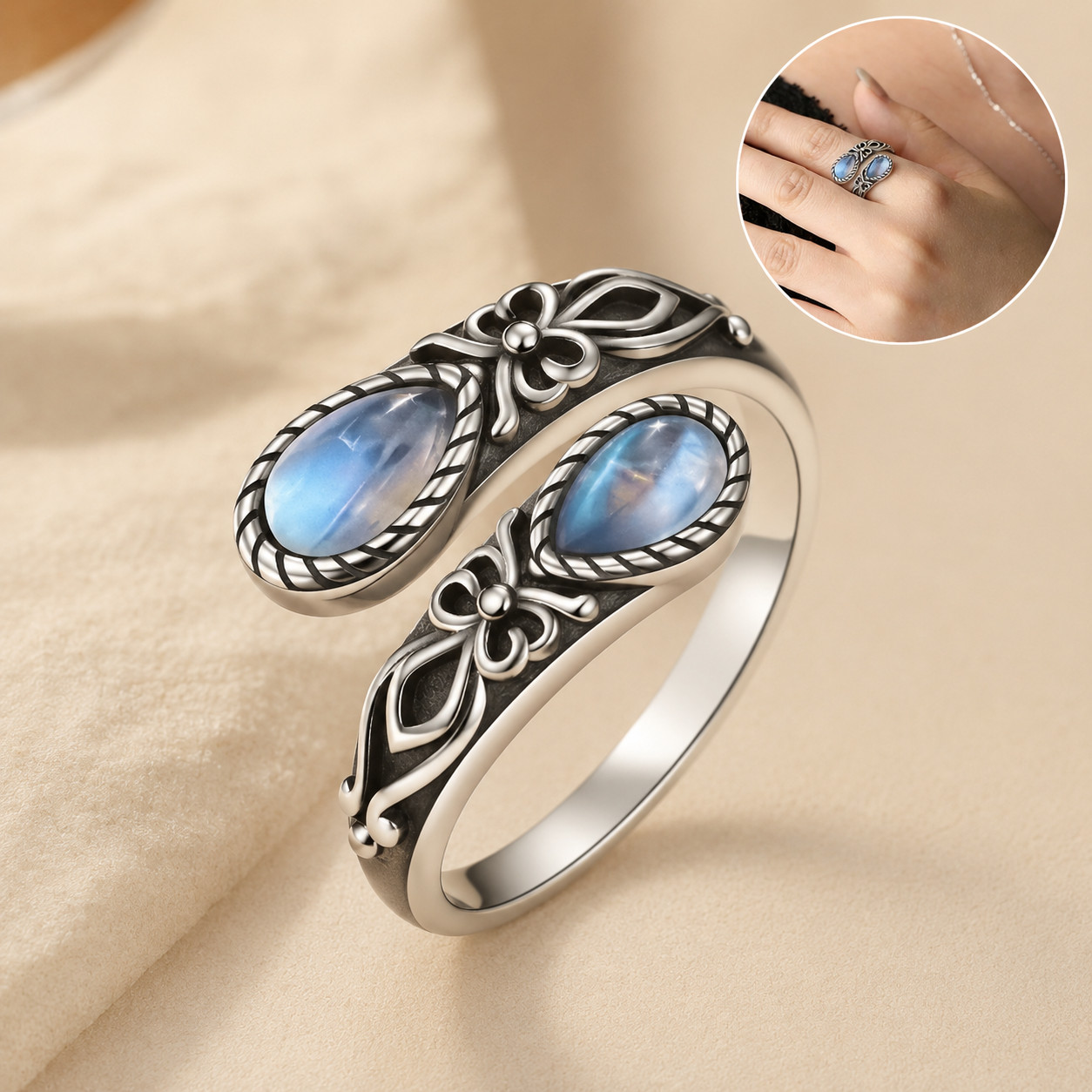 Adjustable Criss Cross Moonstone Open Spoon Ring Retro Vintage Gem Jewelry