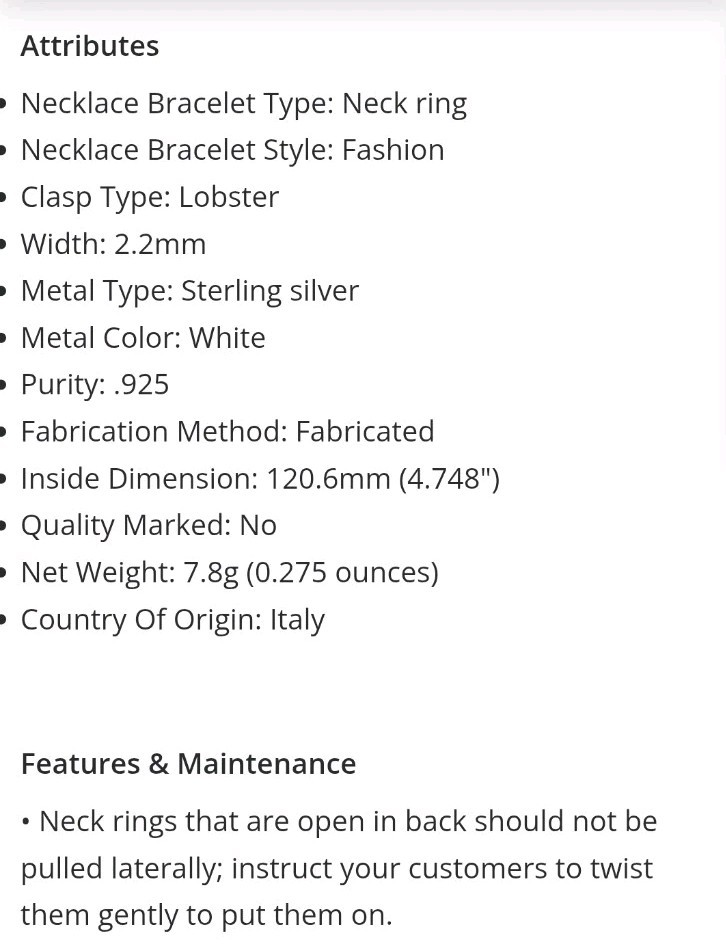 2.2mm Sterling Silver Neck Ring Wire Necklace, White, Lobster Clasp, Italy Rio