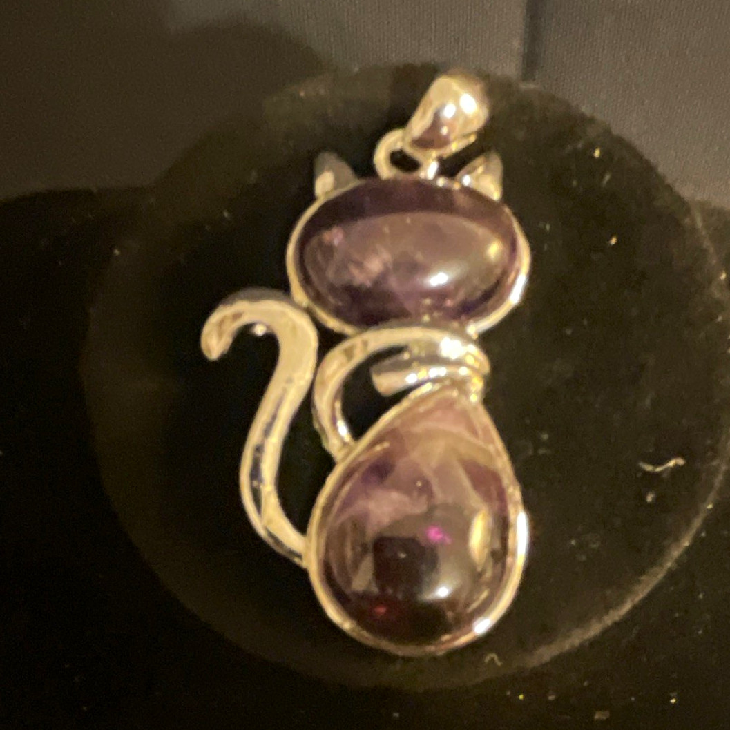 Silver Tone Cat Charm Pendant 2 Oval Purple Amethyst Bezel Set Asymmetrical
