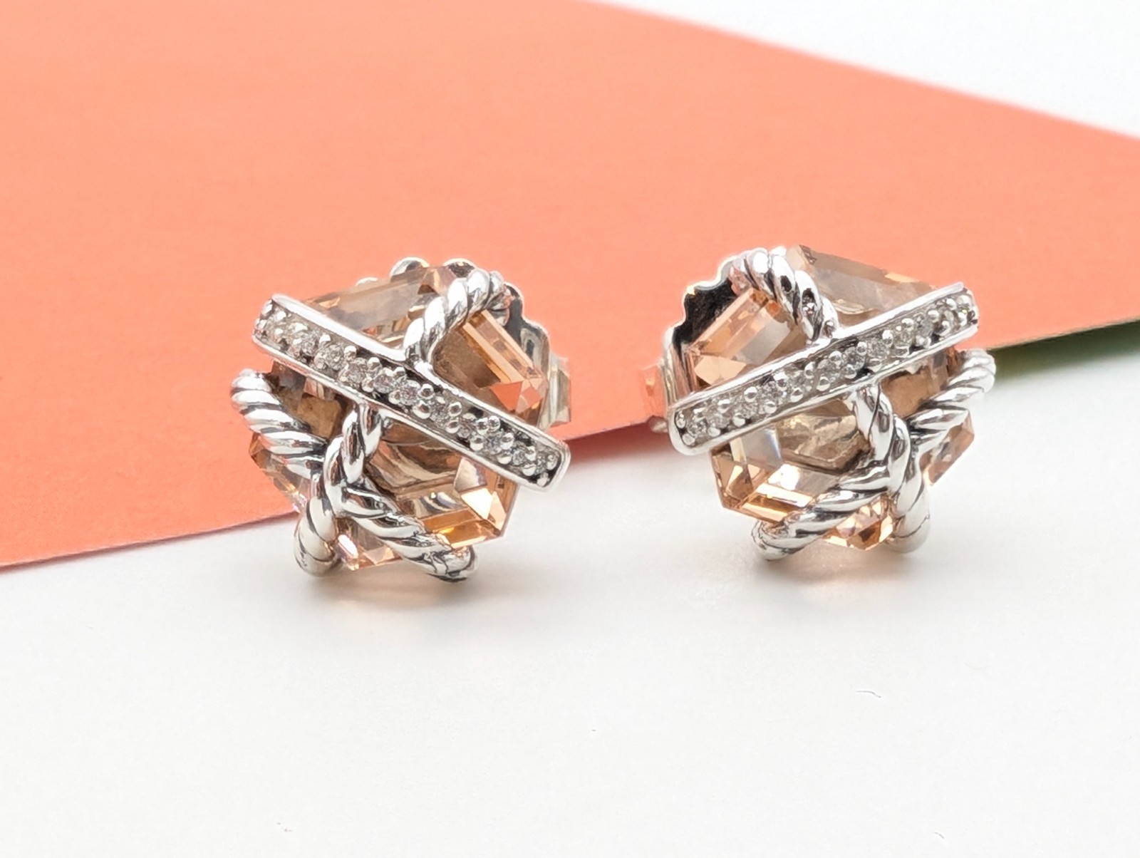 DAVID YURMAN Sterling Silver Cable Wrap Stud Earrings with Morganite & Diamonds