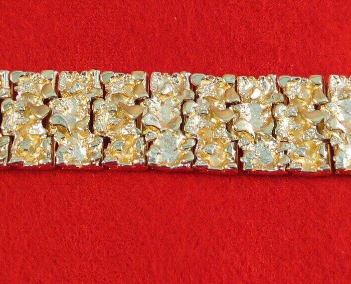 MENS 14 KT GOLD HGE 9″ NUGGET BRACELET 7/8″ WIDE OVER 94 GRAMS OF BLING N-300