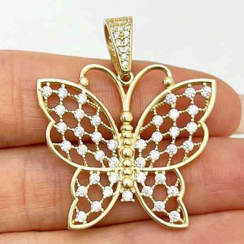 14K Yellow Gold CZ Butterfly Charm Pendant 1.4″