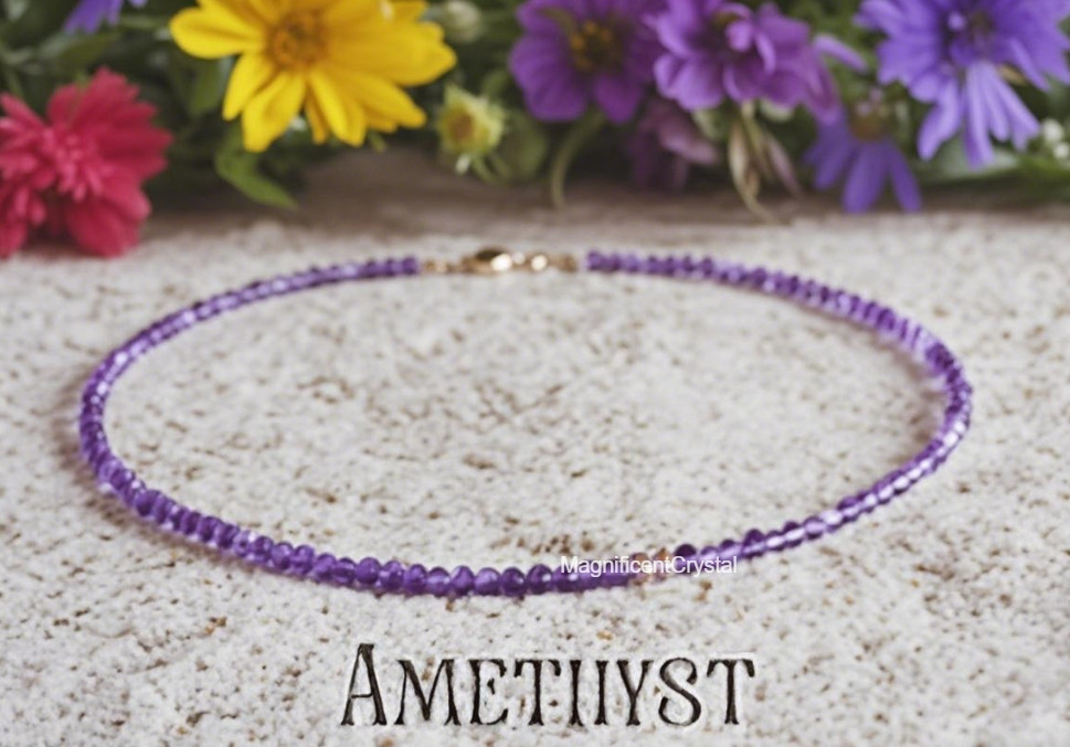 Dainty Faceted Amethyst Purple Gemstone Beaded Anklet Summer Gift Mothers Day