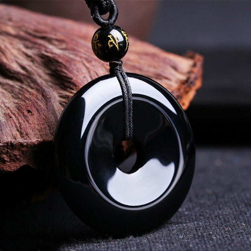 Black Obsidian Round Buckle Pendant Healing Reiki Amulet Protection Necklace