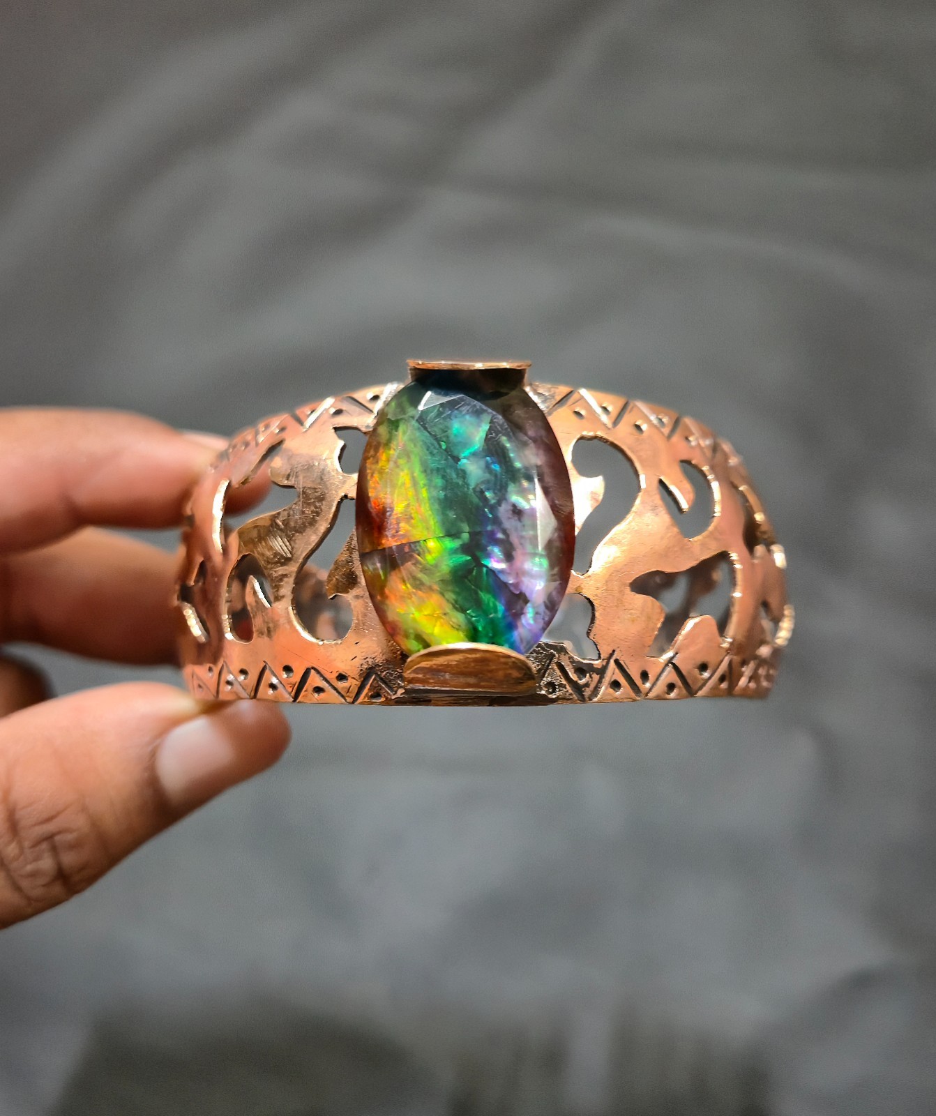 Faceted Ammolite Gemstone Wire Wrapped Bangle Adjustable Cuff Handmade Jewelry
