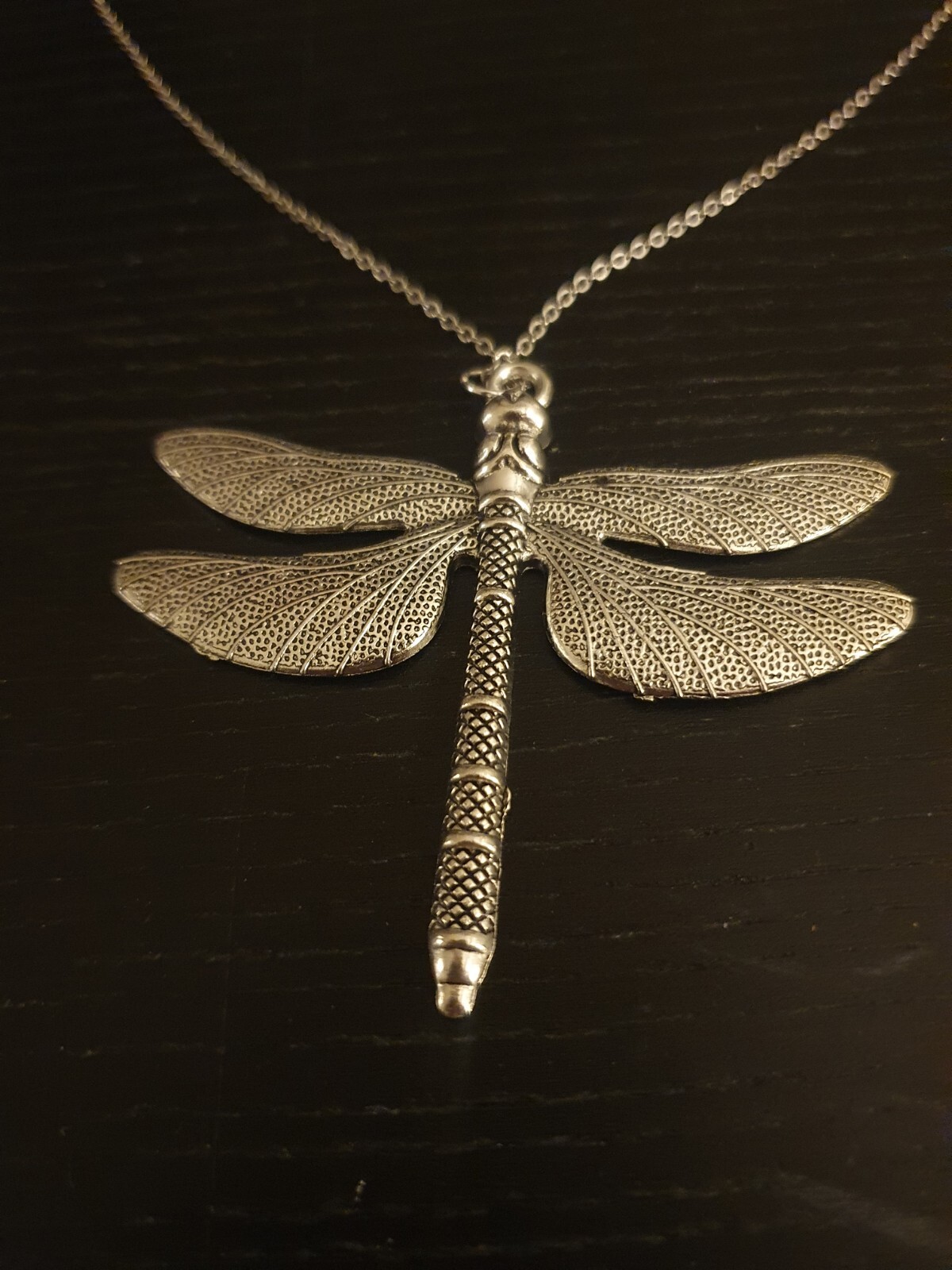 Large Dragonfly Pendant Necklace Silver tone 22 in