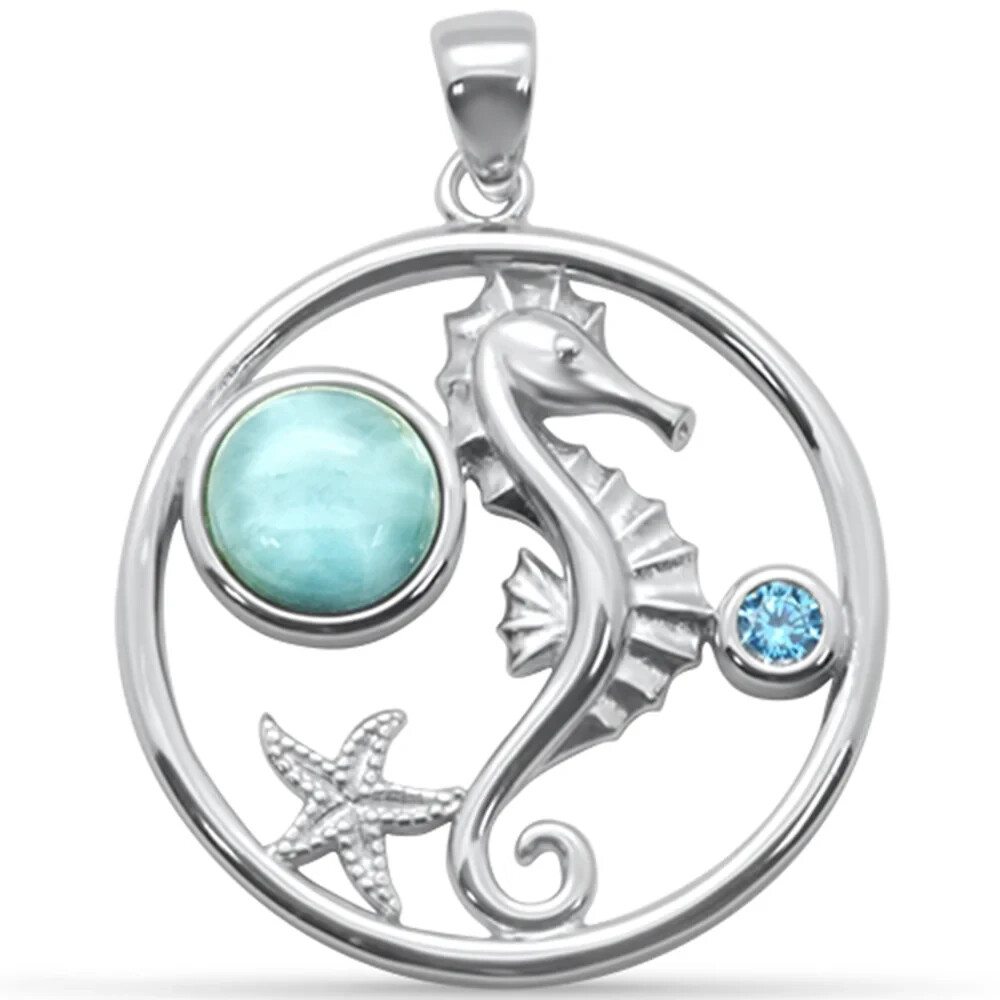 14804 Round Natural Larimar Seahorse, Starfish & Aquamarine CZ .925 Steling Silv