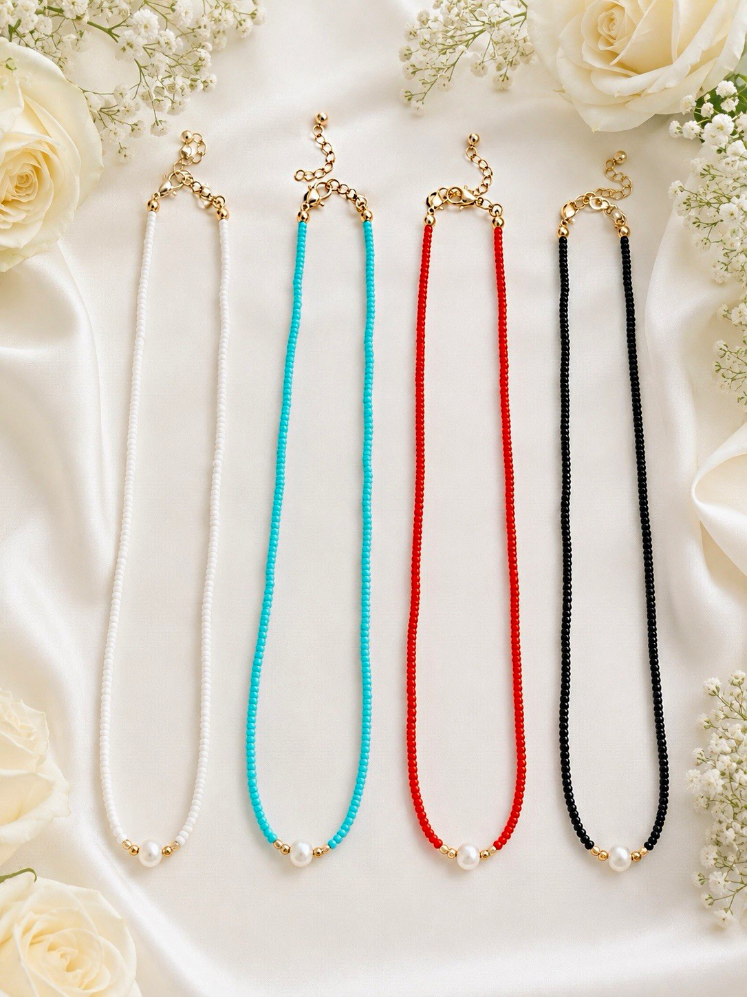 Beaded Choker Necklace with Pearl Charm – White Blue Red Black – Women’s Jewelry