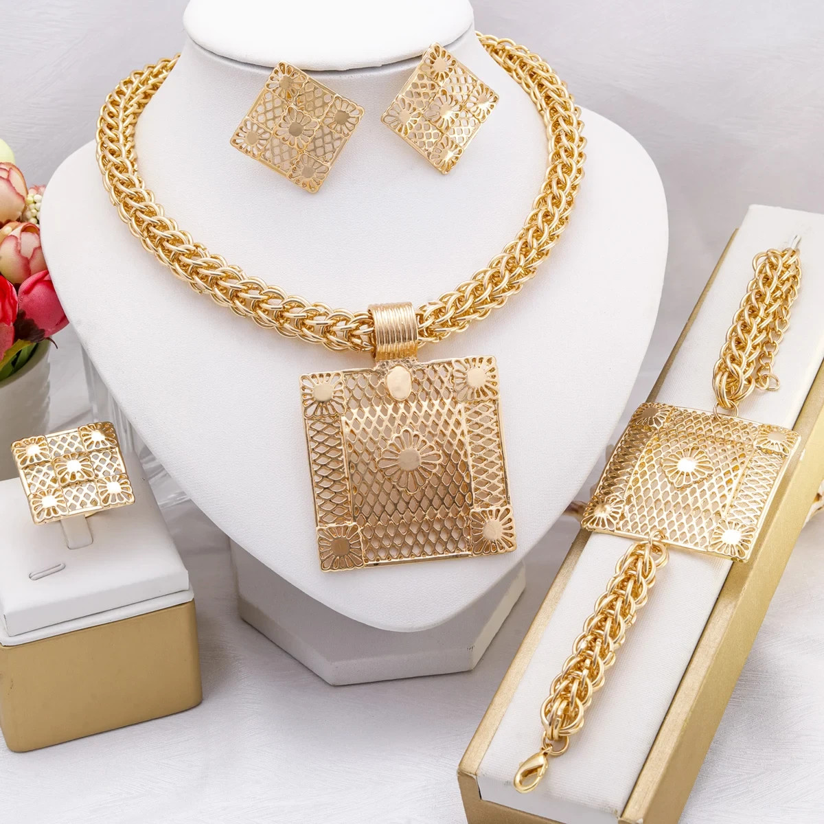 45cm Indian African Dubai 18k Gold Plated Earrings Bracelet Necklace Ring Sets