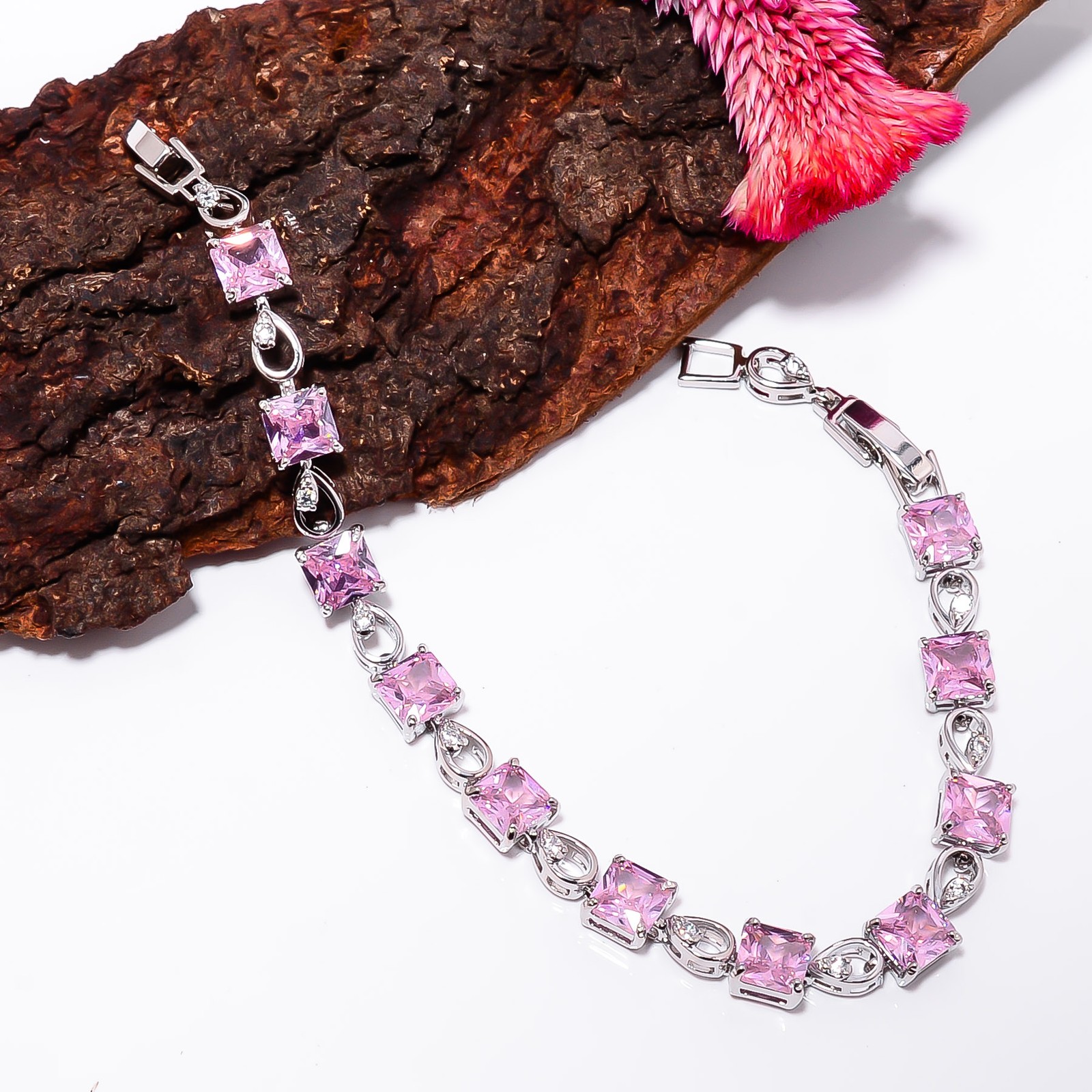 Pink Kunzite, CZ 925 Sterling Silver Adjustable Bracelet 7-8″ B12771