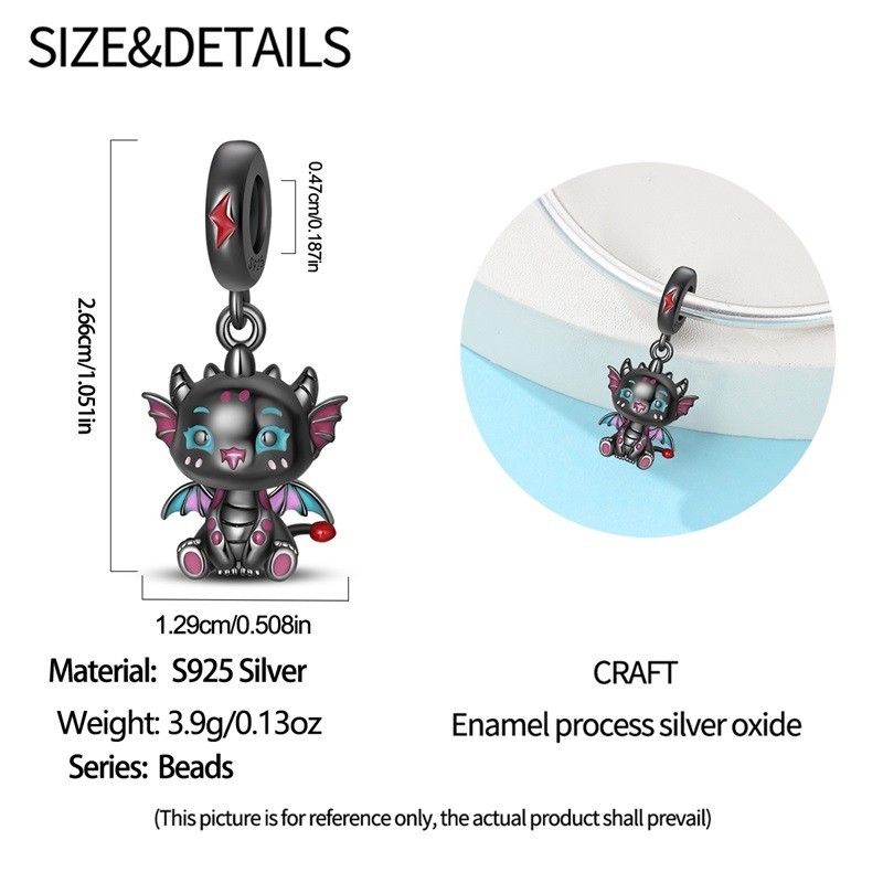 KUNSIR 925 Sterling Silver Charm Cute Cartoon Dragon Dangle For Bracelet Charm