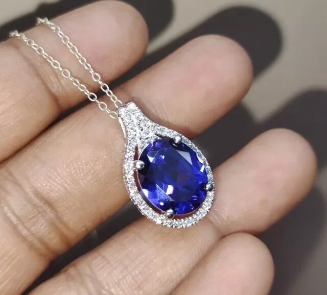 Oval Cut Simulated Blue Tanzanite Charm Pendant Chain In 14k White Gold Plated