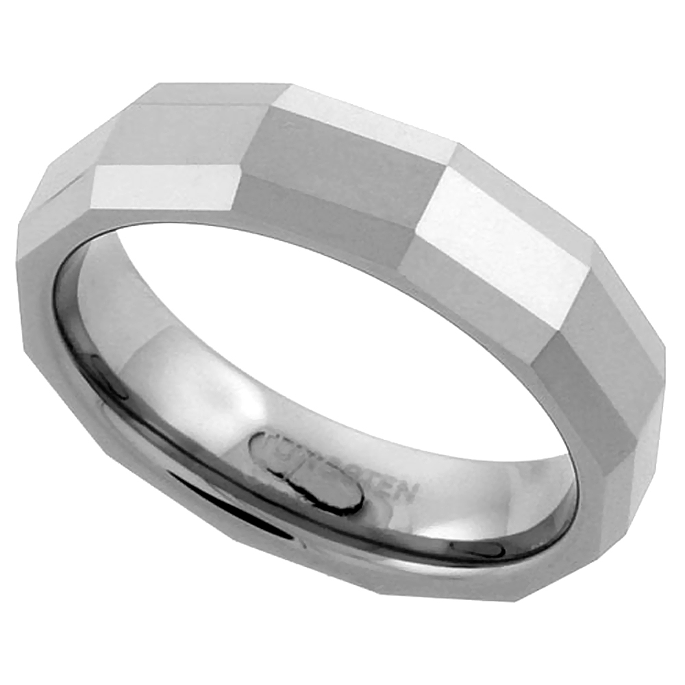 5.5mm Tungsten Wedding Band Ring Faceted Dome Rectangular Pattern, Comfort Fit