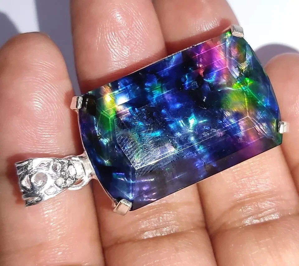 58.15 Ct Natural Ammolite 925 Solid Silver Fancy Shiny Pendant Loose Gemstone