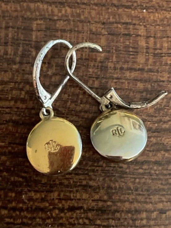 Vtg Ralph Lauren Two Tone Button Drop Pierced Earrings Silver Gold Exc Cond