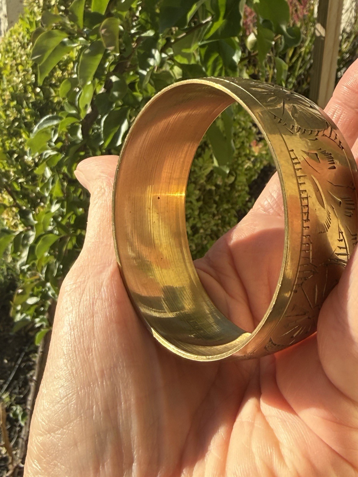 Vintage Wide Solid Brass Bangle Bracelet Floral Etched For Average Wrist