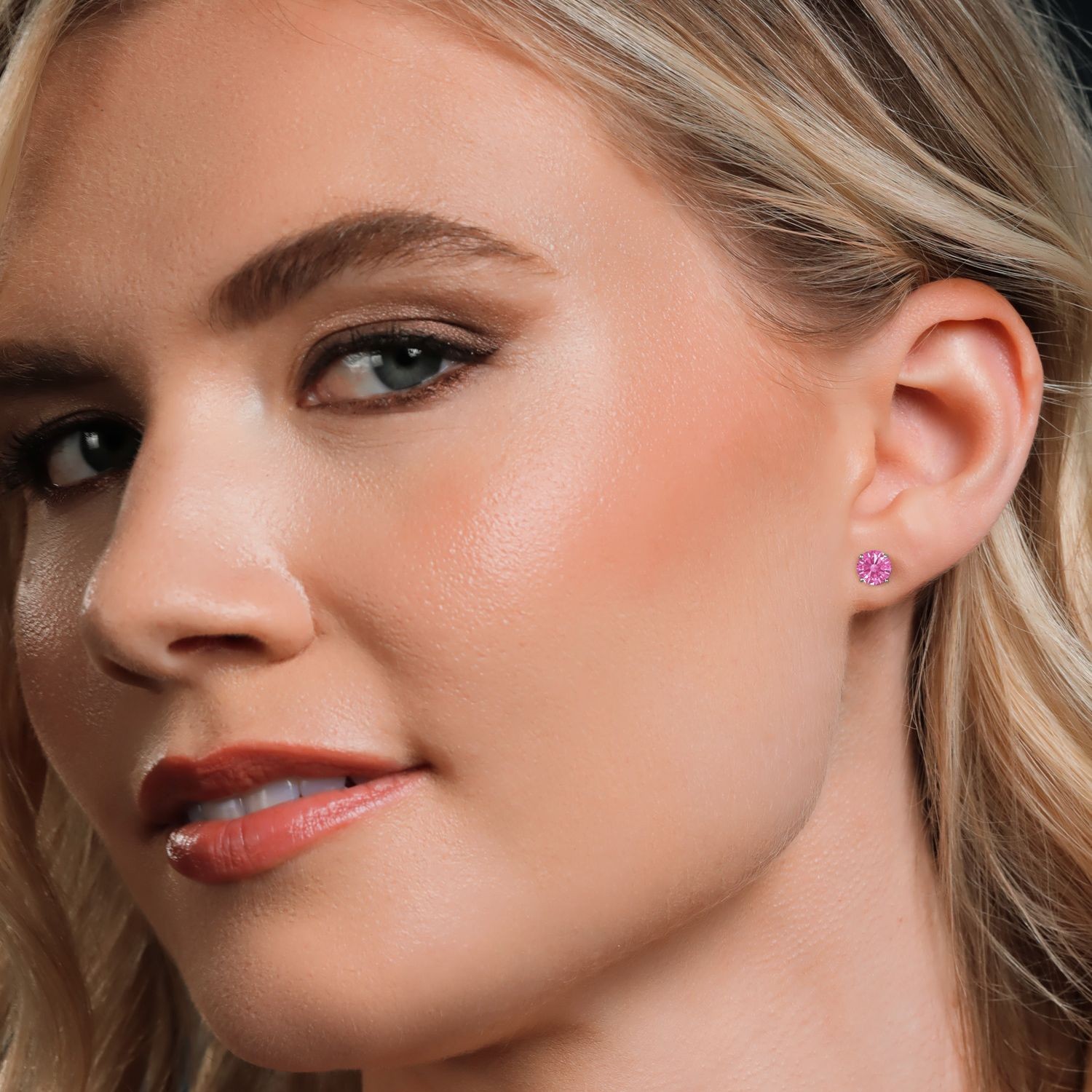 18K Rose Gold Plated Silver Stud Earrings Set with Pink Zirconia