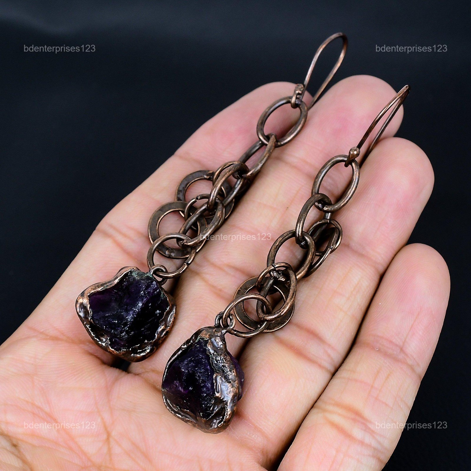 Pentagon African Amethyst Rough Gemstone Dangling Electroformed Earrings Copper