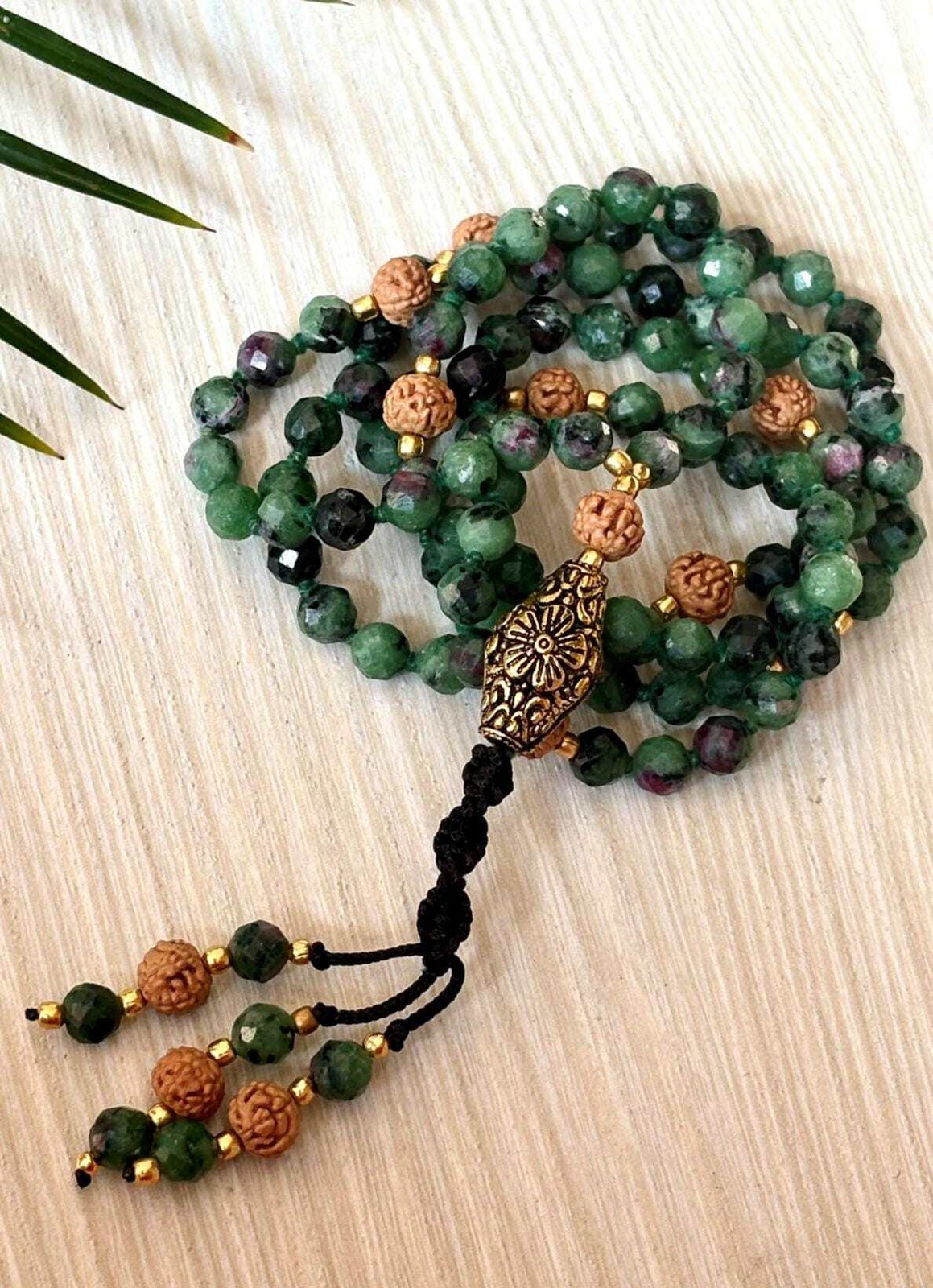 Ruby Zoisite Mala Necklace with Rudraksha 108 Prayer Beads