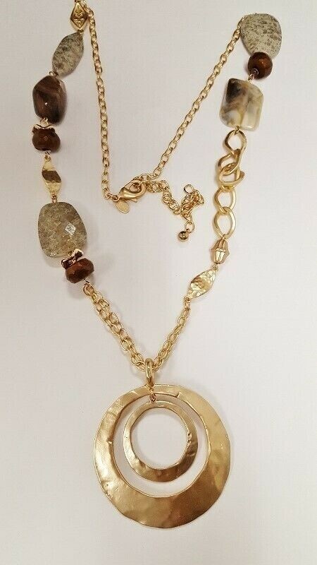 EXPRESS GOLD, BROWN & GREY BEADED TRIBAL CIRCLE PENDANT LONG CHAIN NECKLACE V201