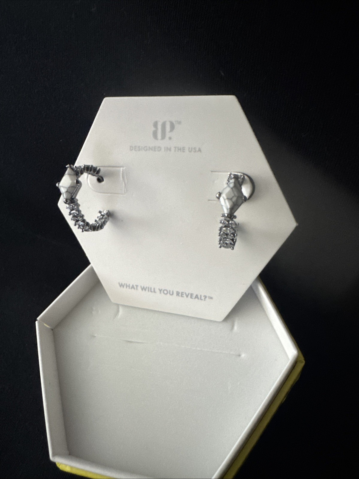 BP Hoop Earrings Howlite Stone With Diamond CZ On Hematite Plating