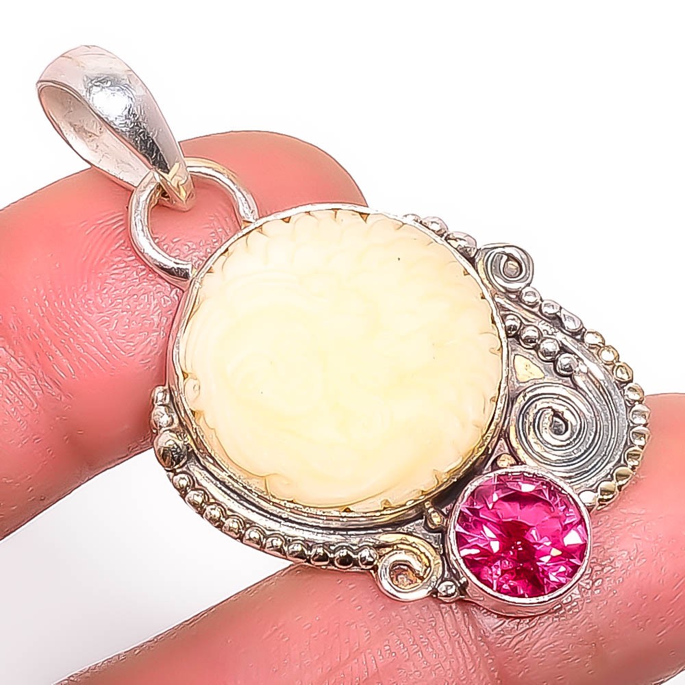 Carved Mermaid Clay & Tourmaline 925 Silver Plated Pendant 1.79″ P1273-27